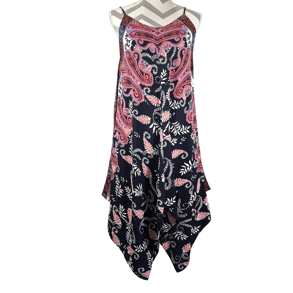 Silvergate Paisley Floral Handkerchief Hem Resort Vacation Dress Navy Coral‎ S